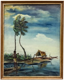 Caribbean Island Oil Painting With Figure In Landscape Signed Cristo