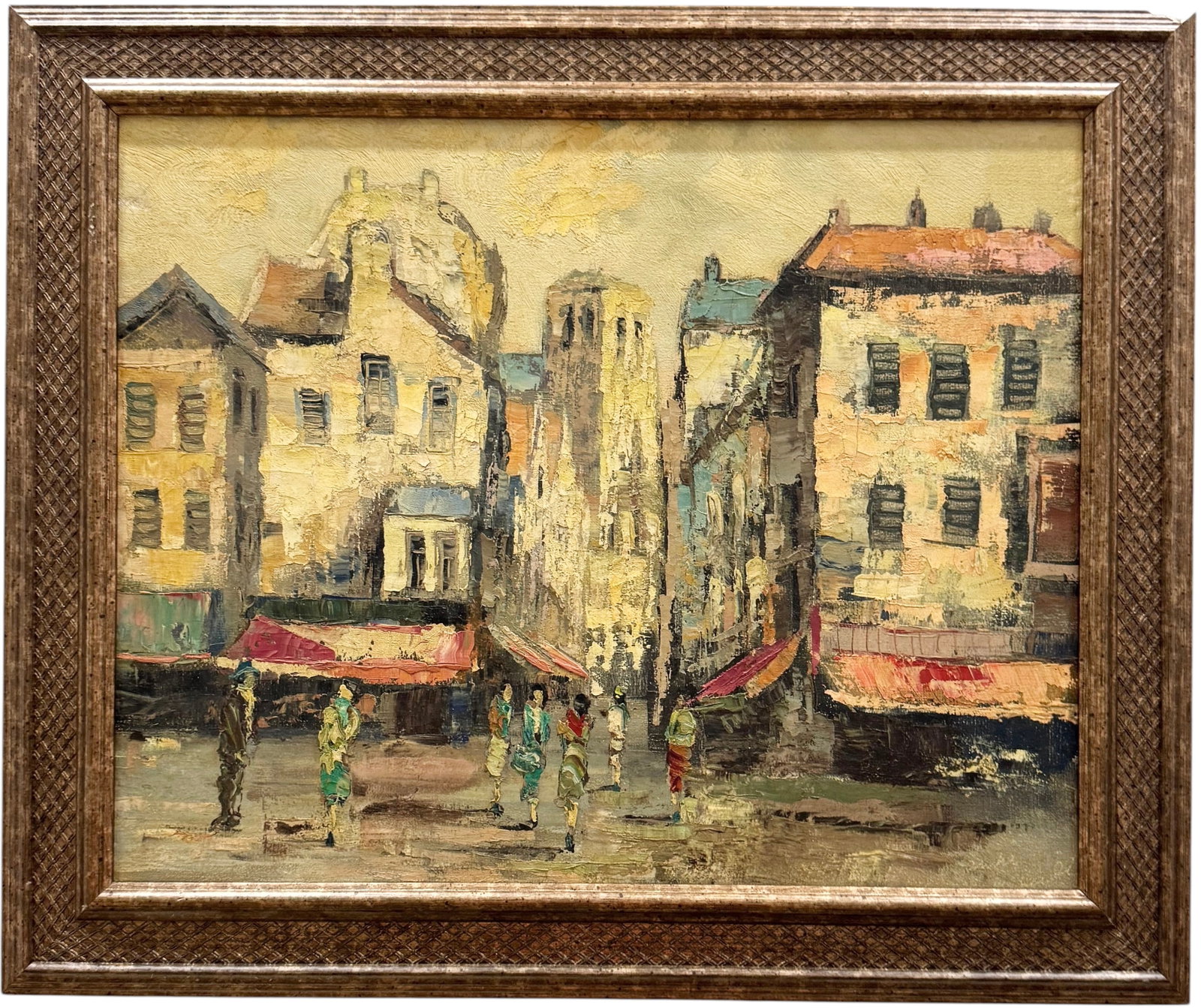 Mid-Century Paris School Street Scene Signed Oil Painting: Oil on canvas 20 x 16 in, 24 1/2 x 20 1/2 in. Domestic Flat Shipping Price: $55