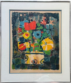 Paul Augustin Aizpiri French Signed Lithographed Modernist Floral Still Life, Kulicke Frame