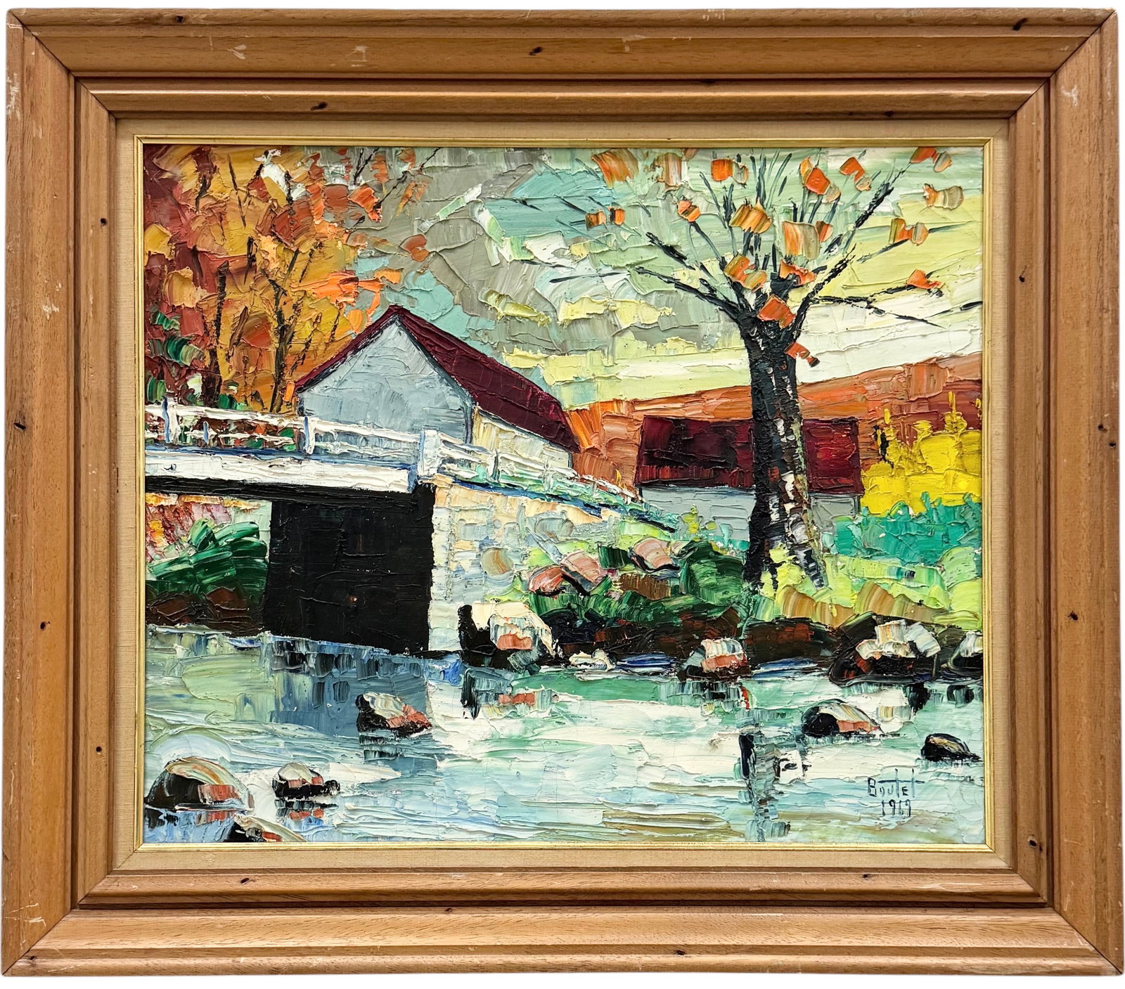 1960's French Canadian Modernist Landscape Of Saint-Adolphe Signed Oil Painting: Oil on canvas 24 x 21 in, 30 1/2 x 26 1/2 in. Domestic Flat Shipping Price: $80