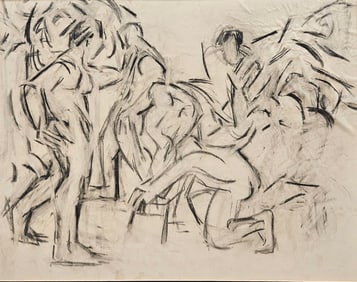 Vintage Modernist WPA Era Charcoal Drawing Of A Crowd Of Male Figures