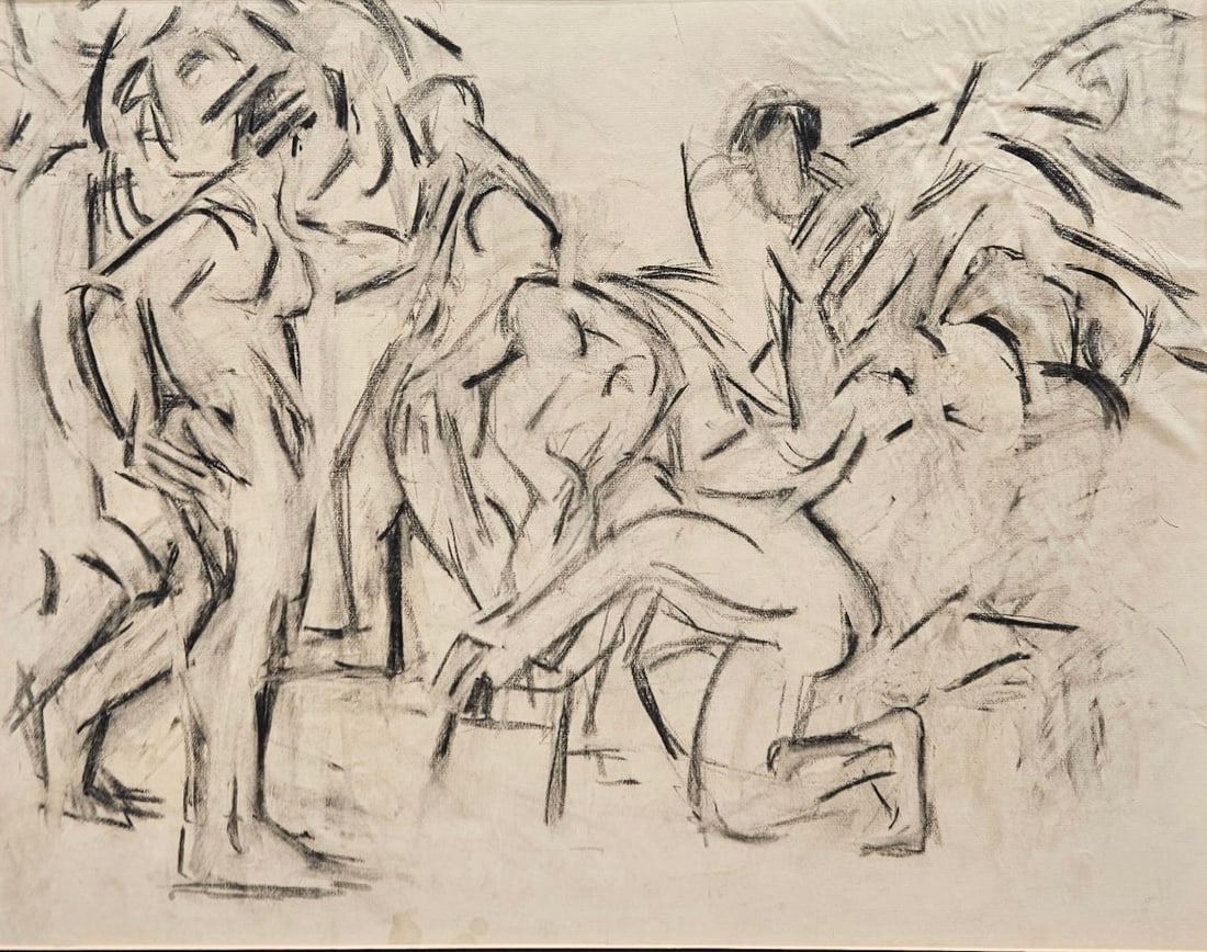 Vintage Modernist WPA Era Charcoal Drawing Of A Crowd Of Male Figures: 24 x 18 1/2 in. Domestic Flat Shipping Price: $90. Picked up or shipped from our Margate City, NJ gallery.