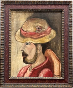 Latin American Modernist Portrait Of A Man With A Hat Signed Raymos Oil On Board