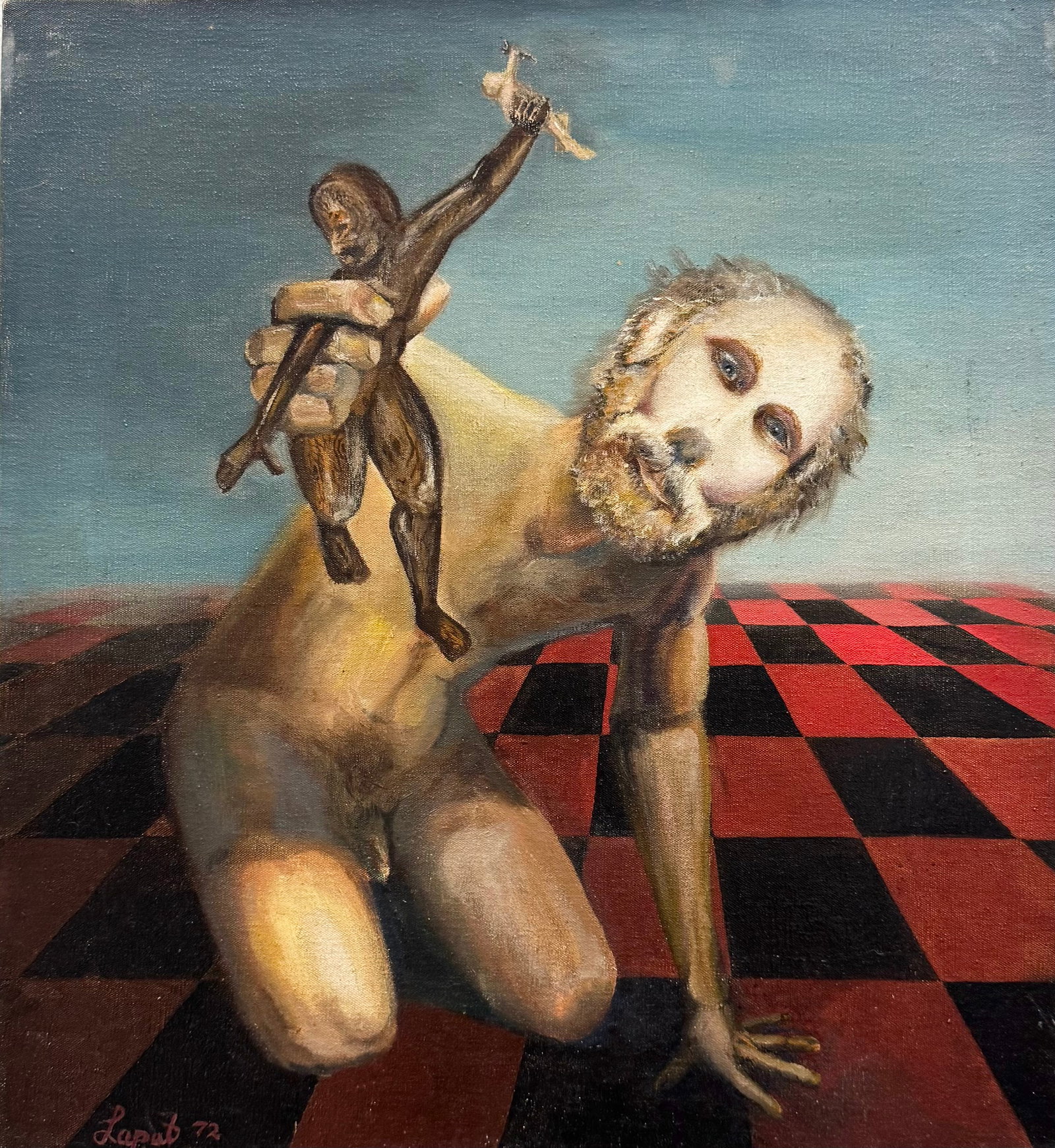 1970's Surrealist Abstract Of A Nude Male Holding A Man, Holding A Man Signed Painting: Oil on canvas 20 x 18 in. Domestic Flat Shipping Price: $55