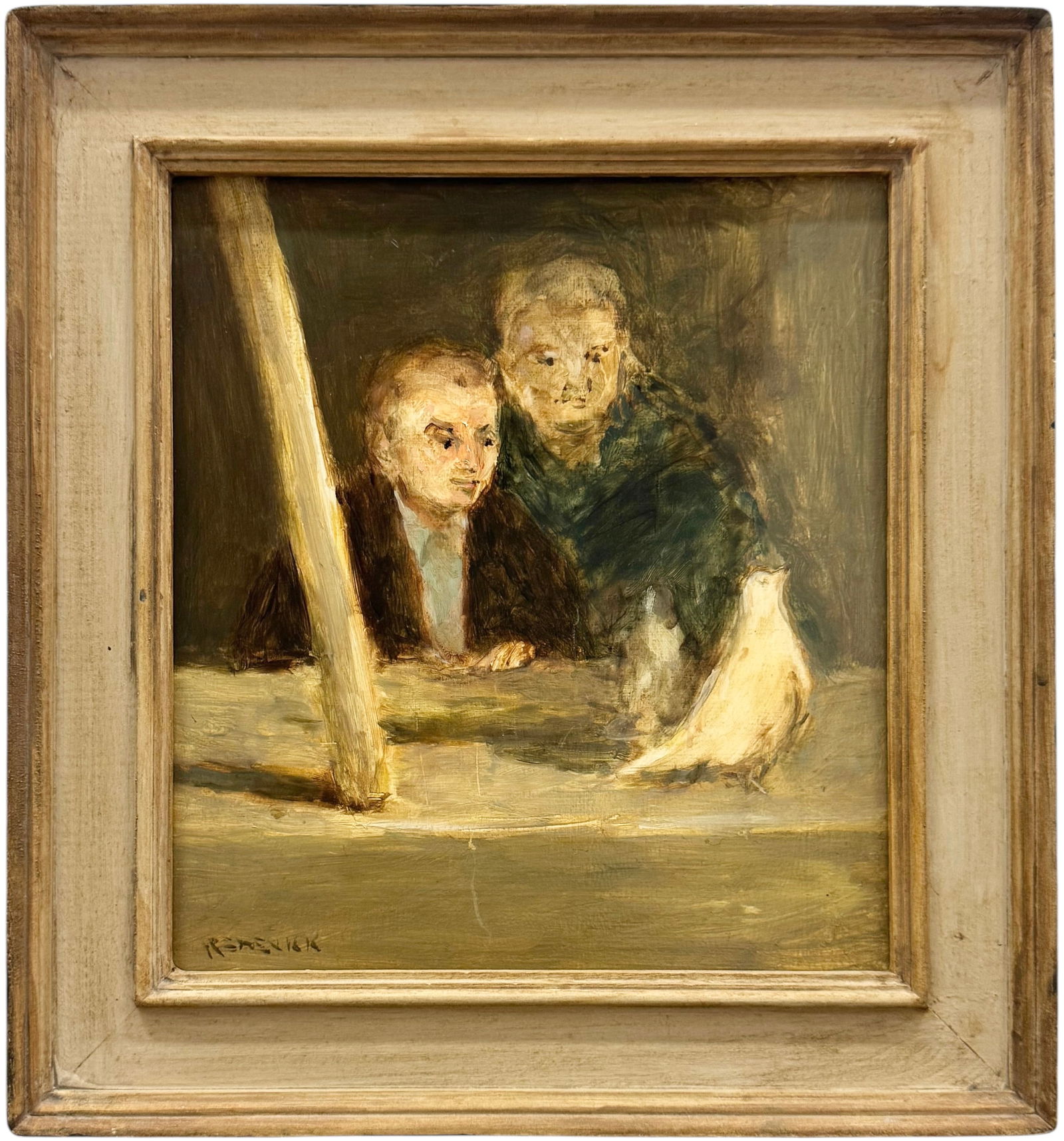 SEYMOUR REMENICK (1923-1999, American) Men With Birds, Philadelphia Artist: Oil on board 10 1/2 x 9 1/2 in, 14 x 13 in (framed). Domestic Flat Shipping Price: $45. A Philadelphia oil painter, Seymour Remenick has painted in styles embodying both abstraction and realism, and i