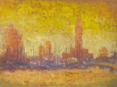 Early 20th c Impressionist European Cityscape Harbor Scene With Sailboats Signed Verso