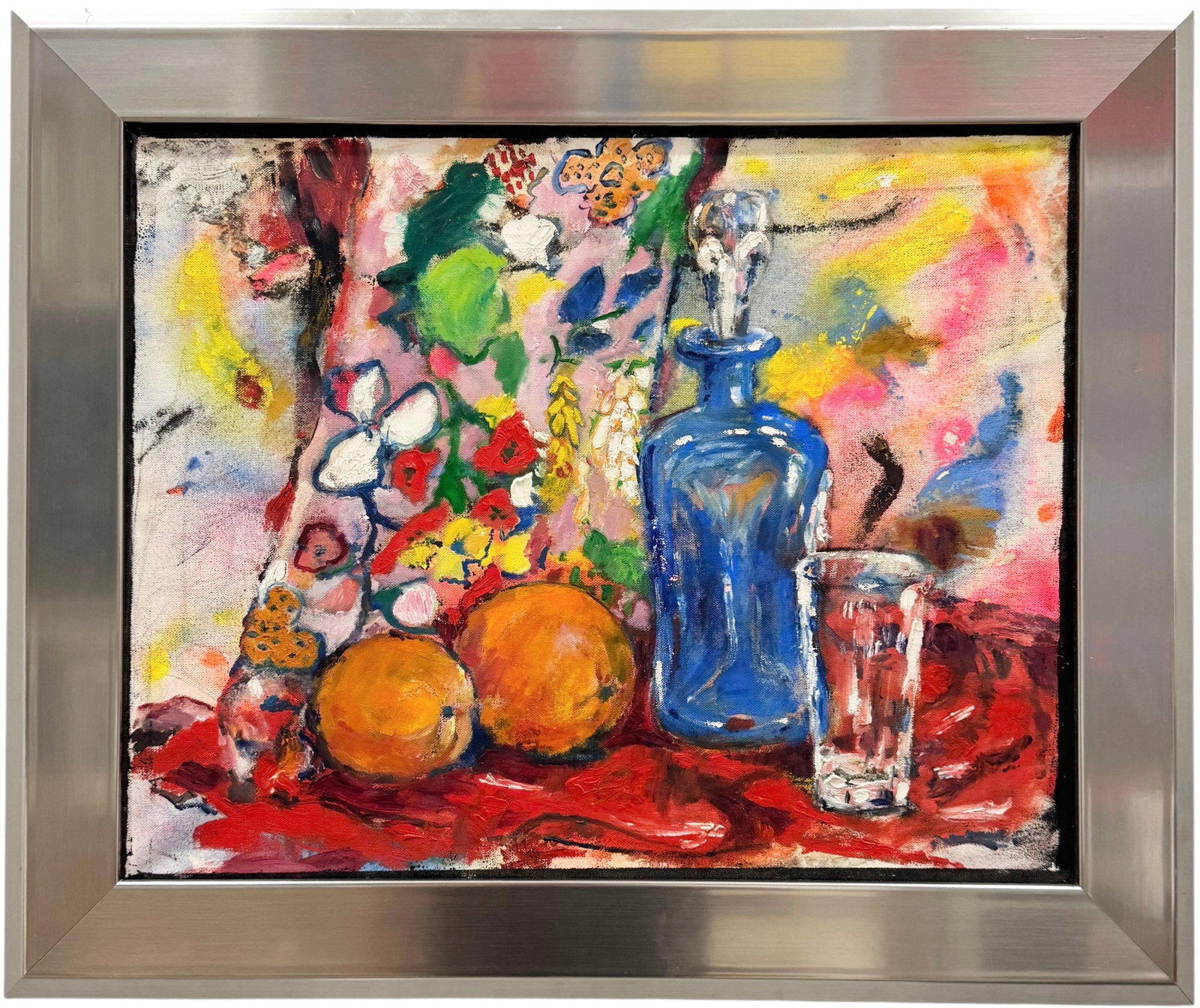 Vintage Modernist Still Life Of Flowers & Fruit Unsigned Oil Painting On Canvas: Oil on canvas 19 7/7 x 15 7/8 in, 24 1/2 x 20 1/2 in (framed). Domestic Flat Shipping Price: $60