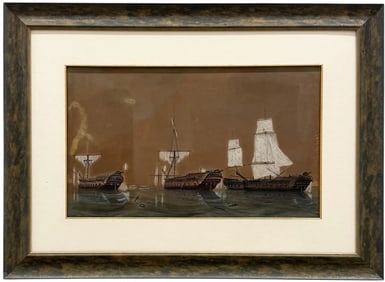 W PORTER Antique AMERICAN Early 19th, late 18th c Nautical Marine Watercolor Of Boats