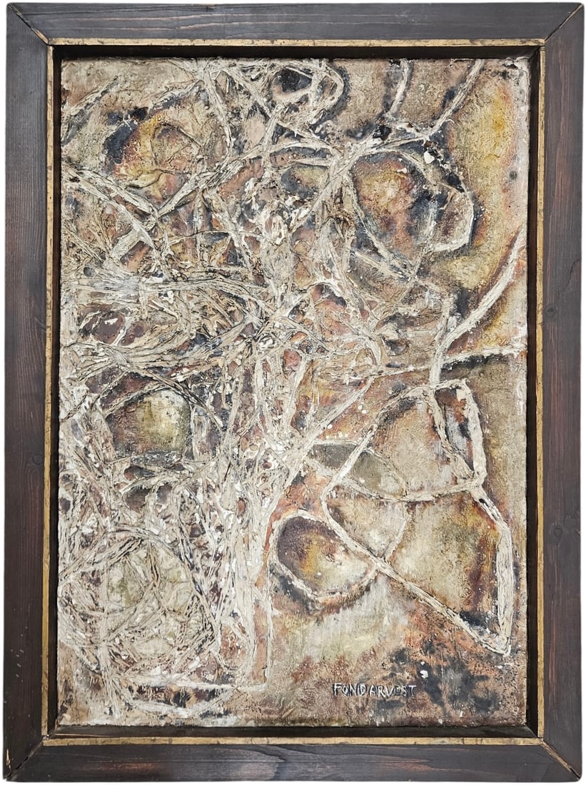American School Mid-Century Thick Impasto Signed Oil Painting On Board: Oil mixed media on board 27 1/2 x 20 1/2 in (framed). Shipped from our Margate City, NJ gallery. Domestic Flat Shipping Price: $80