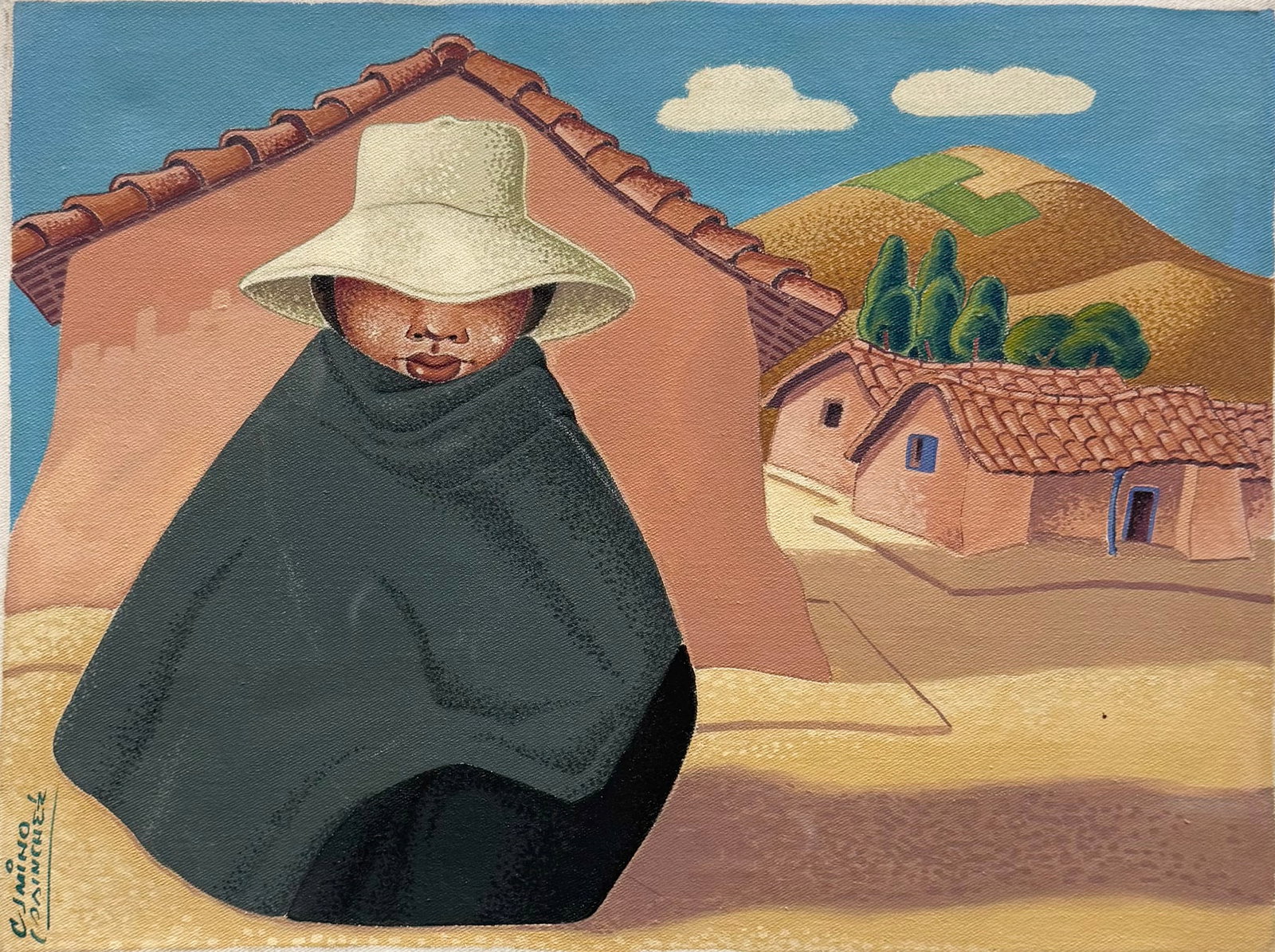 JULIO CAMINO SANCHEZ (PERU, 1914-2007) Cubist Oil Painting: Oil on canvas 24 1/2 x 18 1/2 in. Domestic Flat Shipping Price: $60