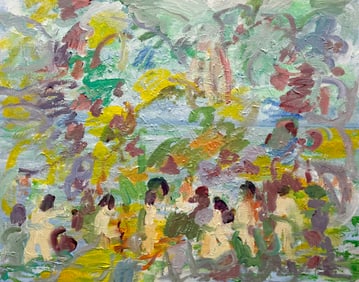 American Modernist Crowd Of Figures Tropical Beach Scene Abstract Painting