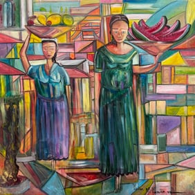 Latin American Modernist Abstract Market Scene With Women, Signed Painting