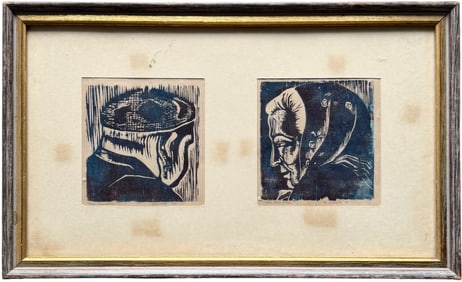 Mid-Century Modern 1950's Pencil Signed Framed Expressionist Woodblock Prints