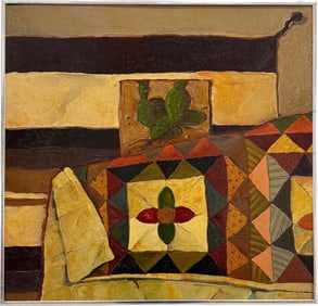 Mid-Century Southwestern Abstract With Quilt & Cactus Oil Painting On Masonite