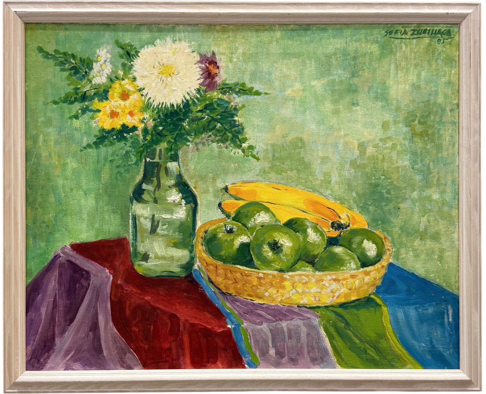 SOFIA ZUBILLAGA (20th c, Miami/Spain) Still Life Of Flowers: Oil on canvas 25 x 20 in, 29 1/2 x 22 1/2 in (framed). Domestic Flat Shipping Price: $80