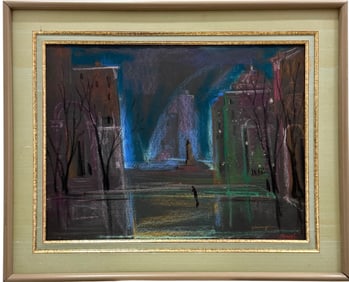 Modernist Pastel On Paper City Scene Signed MAYOL