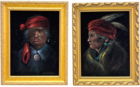 Pair Of Native American Signed Portraits Painted On Velvet