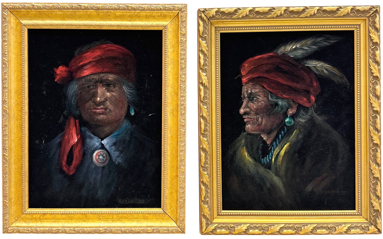 Pair Of Native American Signed Portraits Painted On Velvet: Oil on velvet 16 x 12 in, 20 x 16 in (framed). Domestic Flat Shipping Price: $65