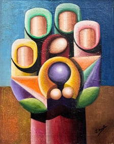 Latin American Modernist Surrealist Signed Oil Painting On Canvas