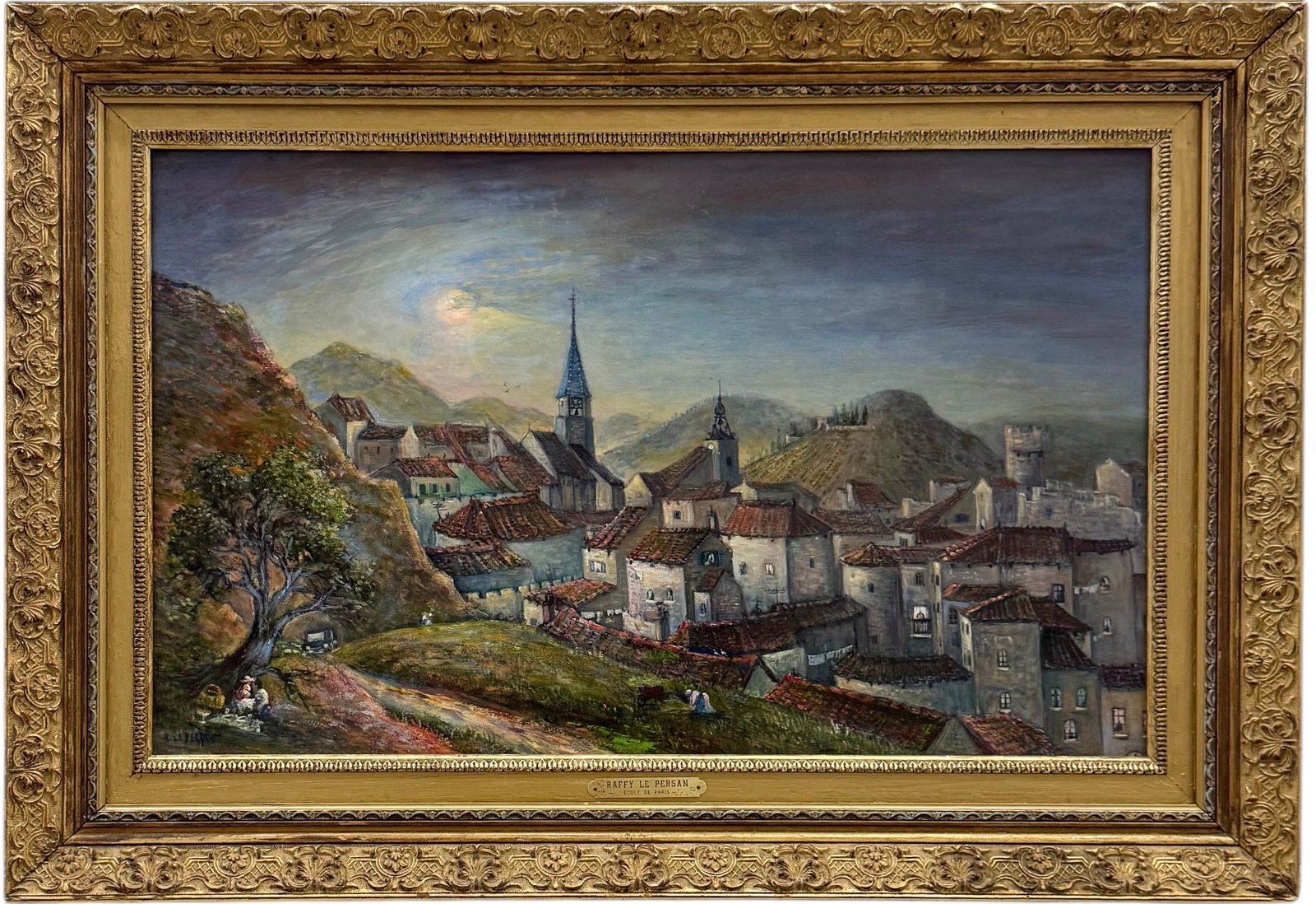Jean Raffy Le Persan (1919-2008, French) Moonlit Bargemon Townscape: Oil on board 25 1/2 x 15 3/4 in, 32 x 22 1/2 in (framed). Domestic Flat Shipping Price: $90