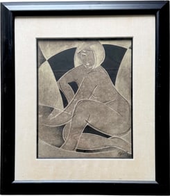 Vintage Mixed Media Drawing Nicely Framed Modernist Female Nude