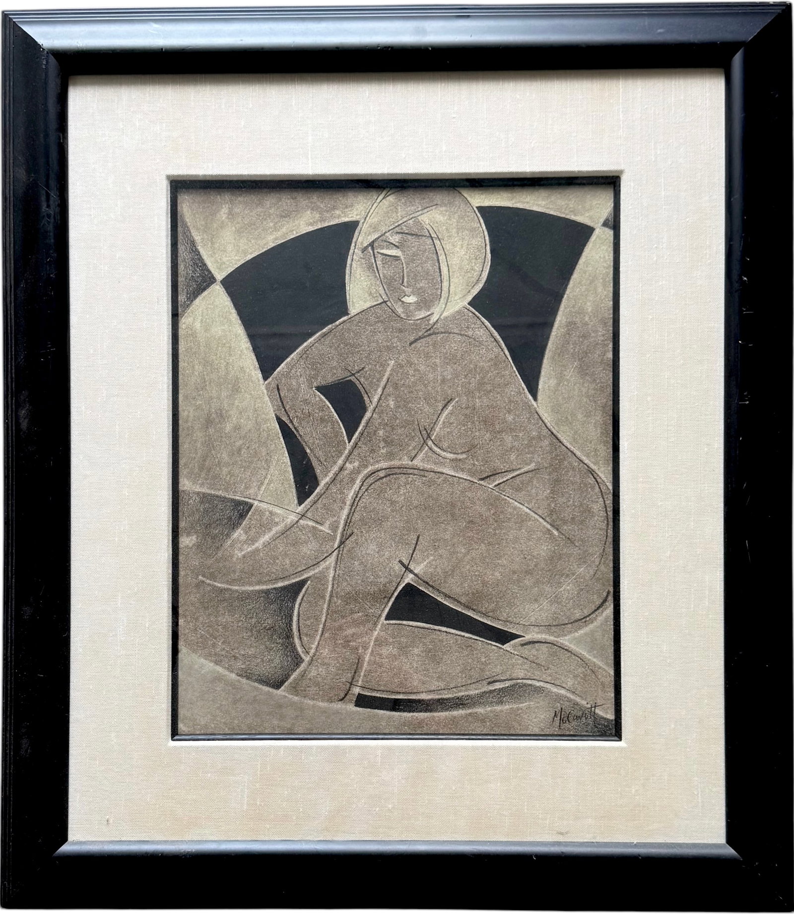 Vintage Mixed Media Drawing Nicely Framed Modernist Female Nude: Mixed media 19 1/2 x 15 1/2 in (sight), 32 x 28 in (framed). Domestic Flat Shipping Price: $120