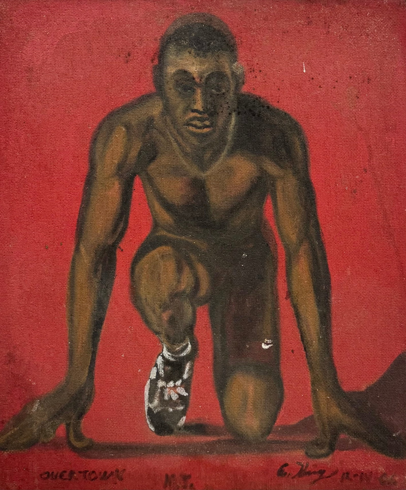 ERNST KING Overtown Miami Outsider Artist "Sprinter" Black Art: Oil on masonite 24 x 20 in. Domestic Flat Shipping Price: $55