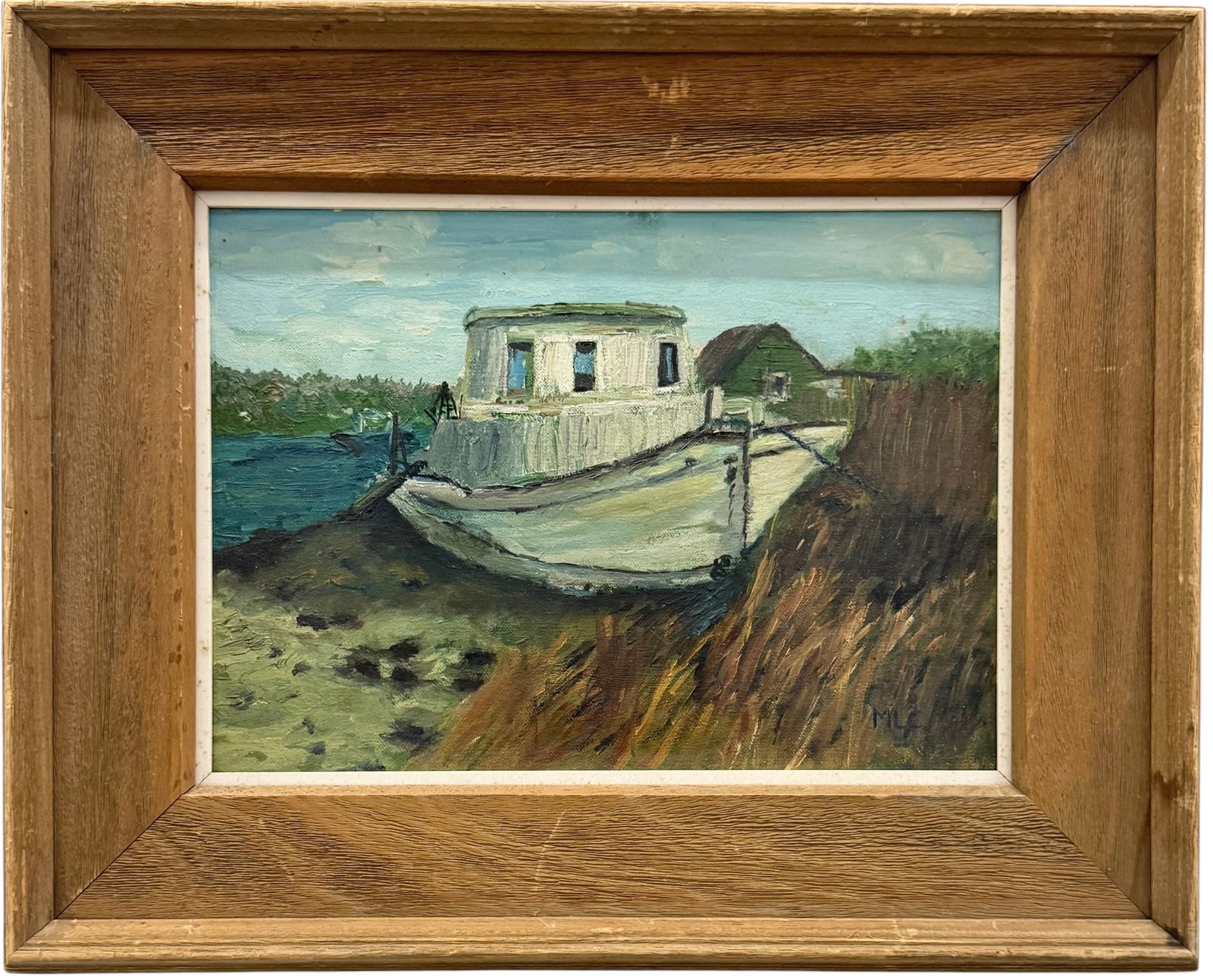 American Beach Scene With Boat Signed With Monogram: Oil on board 14 x 10 in, 21 x 17 in (framed). Domestic Flat Shipping Price: $55