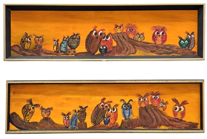 Pair Of Vintage Naive Paintings Of Owls Sitting On A Limb