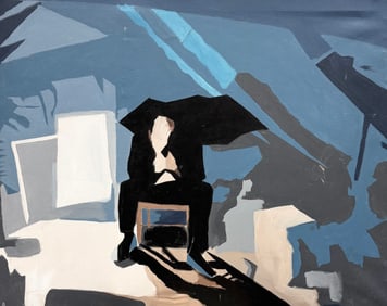 Figurative Abstract Seated Man With Umbrella Muted Tones Signed Oil Painting