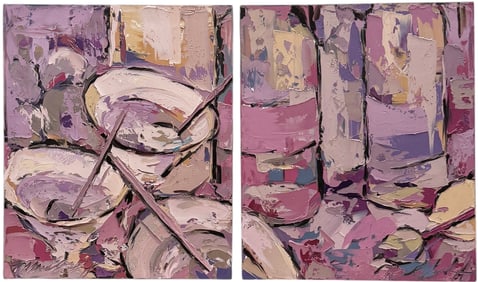 Martini Glasses, Heavy Impasto American Diptych Signed Paintings