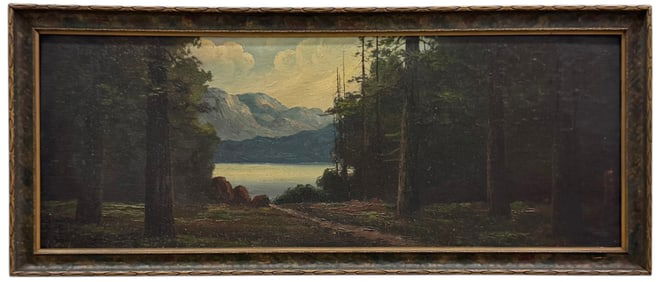 Early 20th Century American School Dark Forest Landscape With Lake Signed Oil Painting