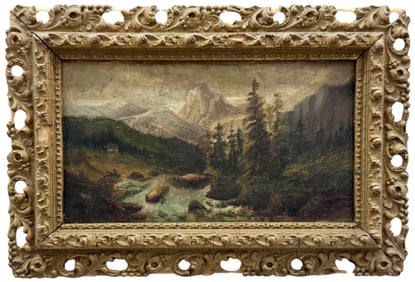 19th Century American School Western Mountain Landscape With Stream Oil Painting