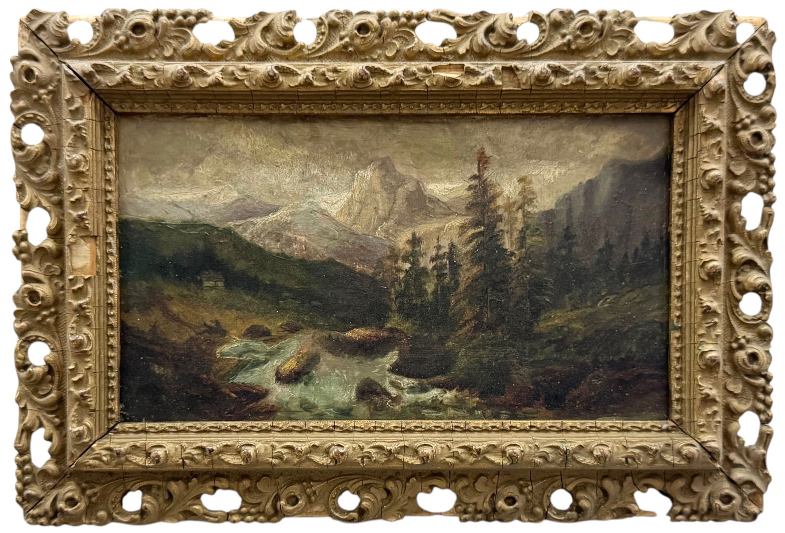 19th Century American School Western Mountain Landscape With Stream Oil Painting (1 of 4)