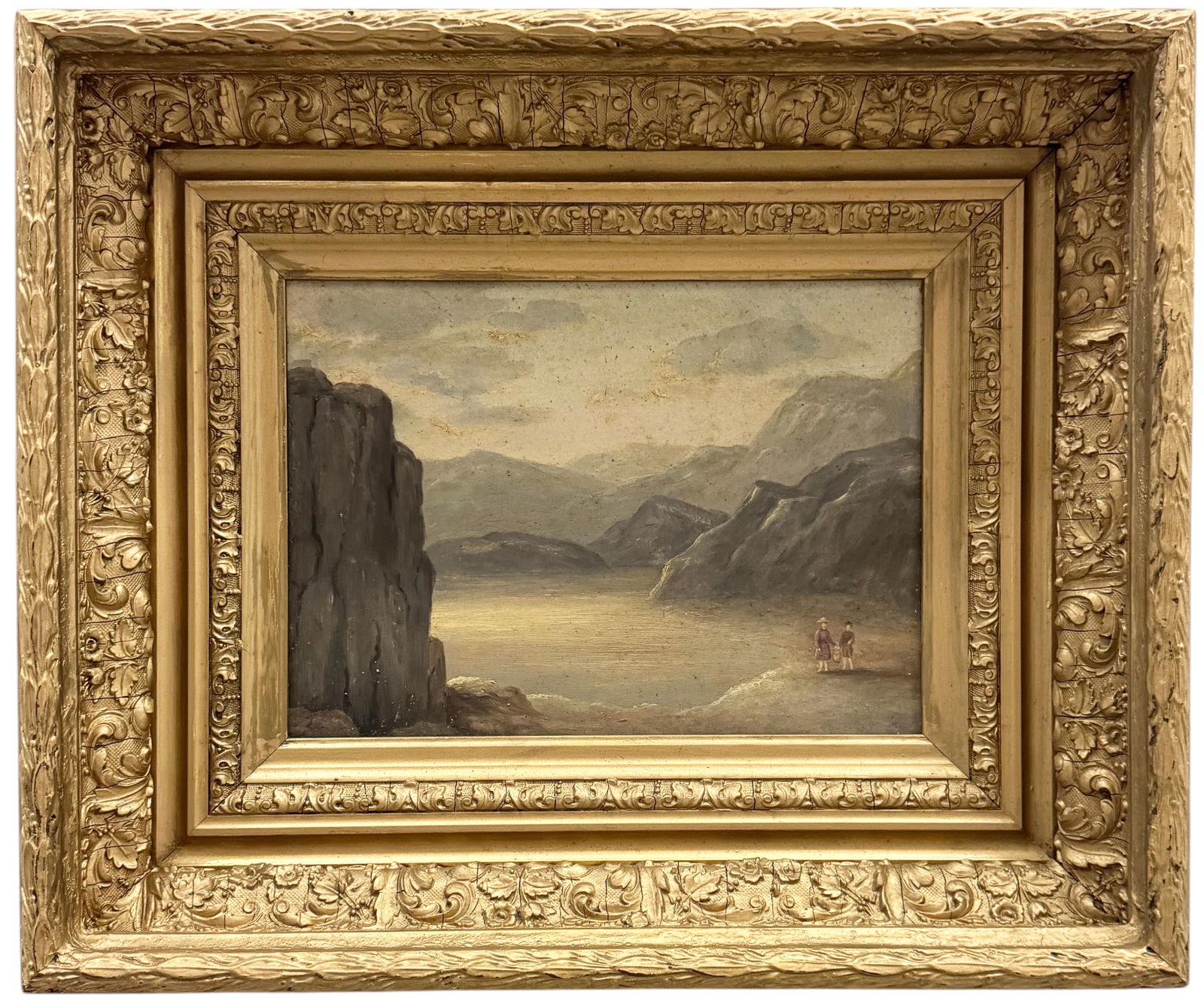 19th Century American School Rocky Coastal Landscape With Figures Oil Painting (1 of 5)