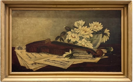 19th Century American Still Life Of Flowers With Violin Signed Oil Painting
