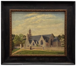 Western European Architectural Church Oil Painting Signed Possibly French