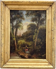 Circa 19th Century European Landscape Figures In Forest Signed Oil Painting In Gold Frame