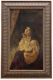 19th Century Portrait Of A Young Girl In Prayer With Figure In Background Oil Painting
