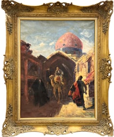 Orientalist Street Scene With Mosque Unsigned Middle Eastern Oil Painting