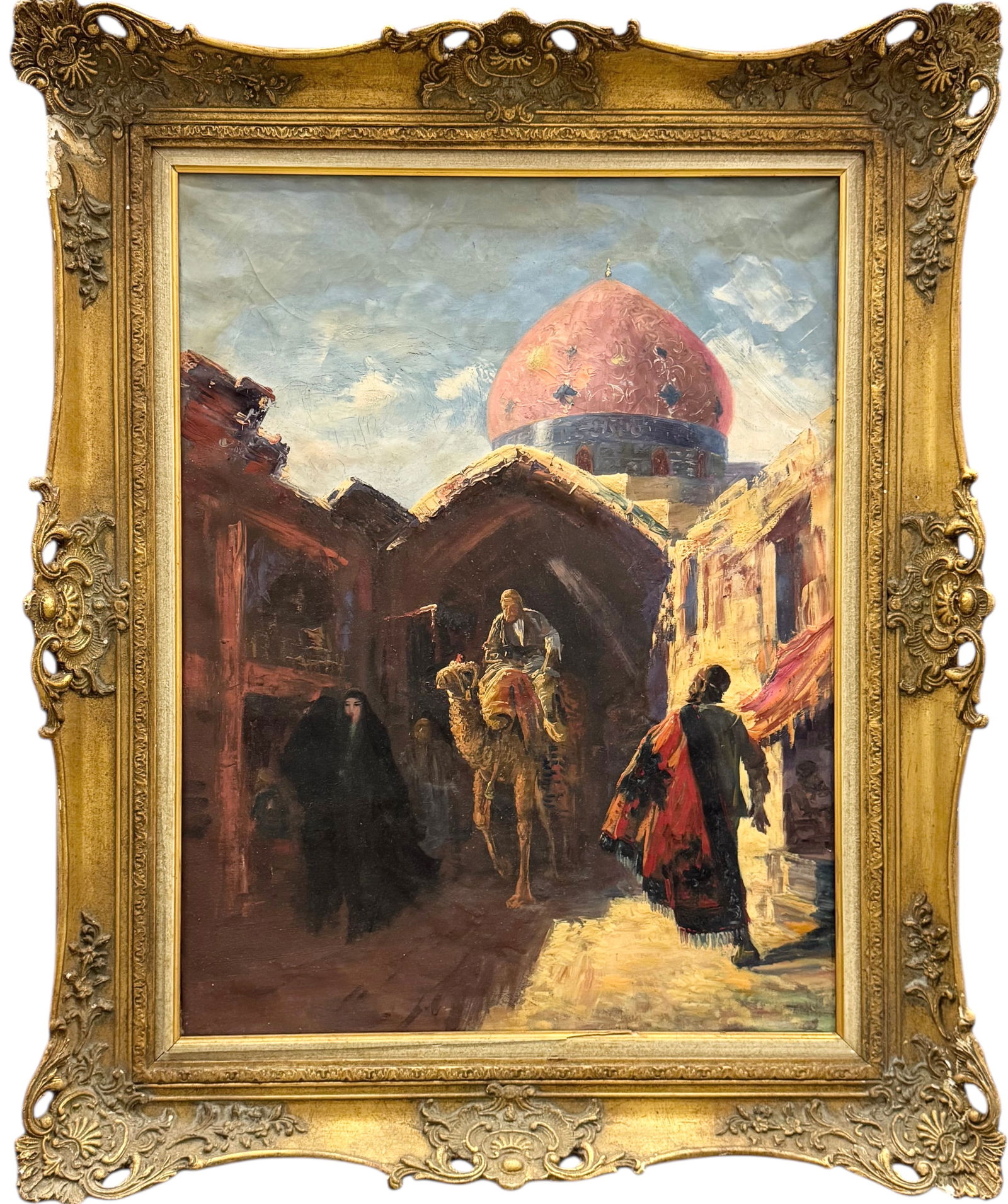 Orientalist Street Scene With Mosque Unsigned Middle Eastern Oil Painting (1 of 4)