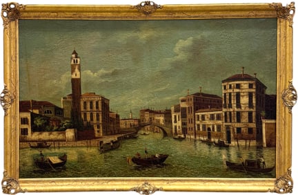 19th Century Italian Venice School Venetian Canal Scene Large Oil Painting