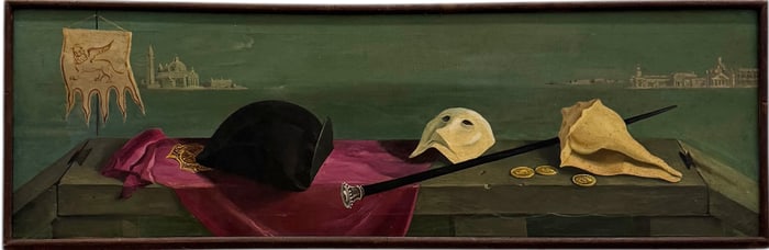 Italian Venetian School Still Life Oil Painting With Seashell Mask Gold Oil Painting