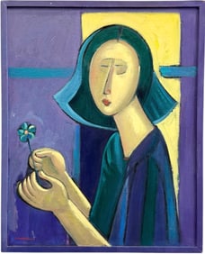 Nicely Framed Vintage Cubist Figure With Flower Signed Oil Painting