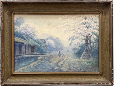 Nicely Framed Japanese Village Cherry Blossoms Landscape Signed Watercolor