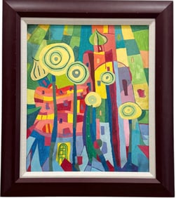 Israeli School Modernist Cityscape Abstract Unsigned Oil Painting