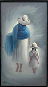 Peruvian Modernist Mother & Daughter Walking Oil Painting