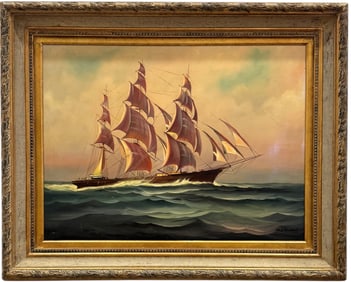 Monumental American Seascape With Clipper Ship Signed Oil Painting