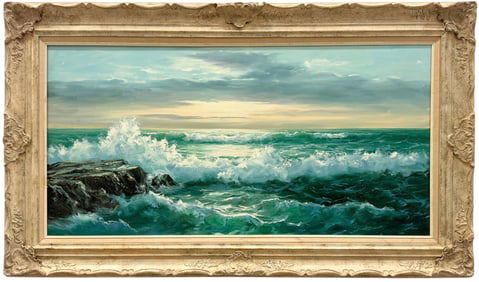 Monumental American Luminist Seascape Signed Oil Painting On Caanvas