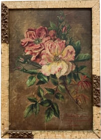 19th Century French School Still Life Of Flowers In Distressed Antique Frame